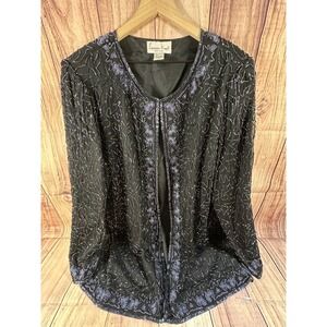 Vintage Laurence Kazar Women's Beaded Silk Jacket Size 1X Black Formal Wear